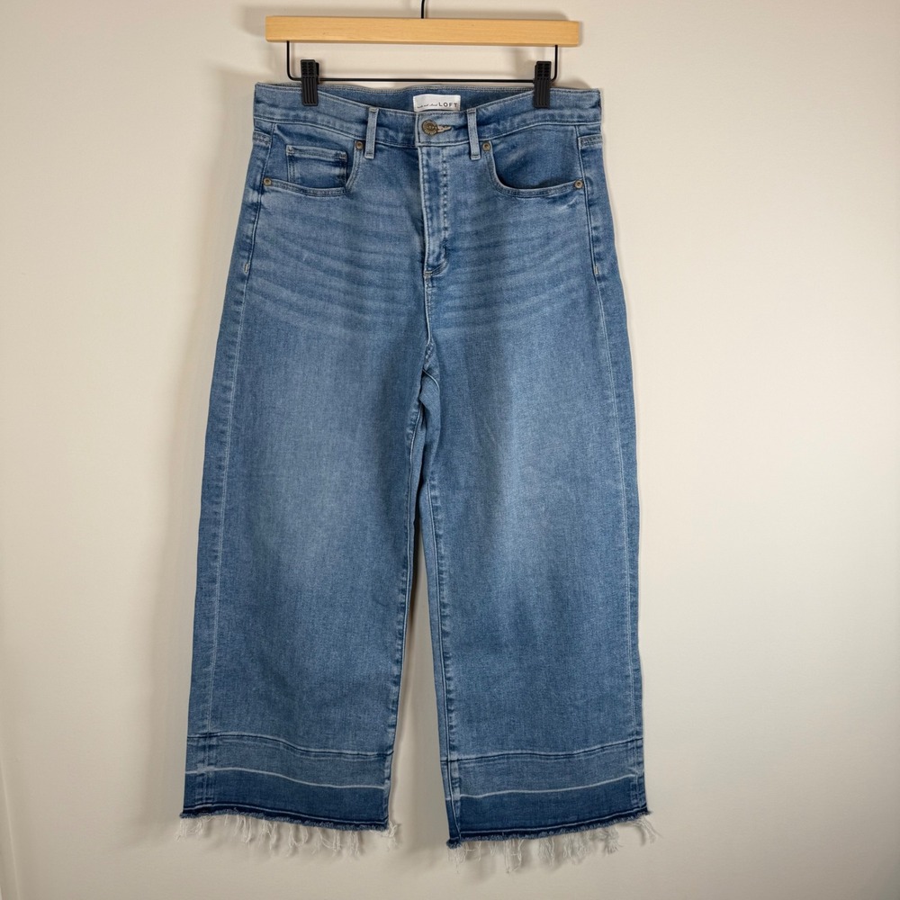 LOFT High Raw Distressed Hem Waist Wide Leg Crop Medium Wash Denim Blue Jeans 10